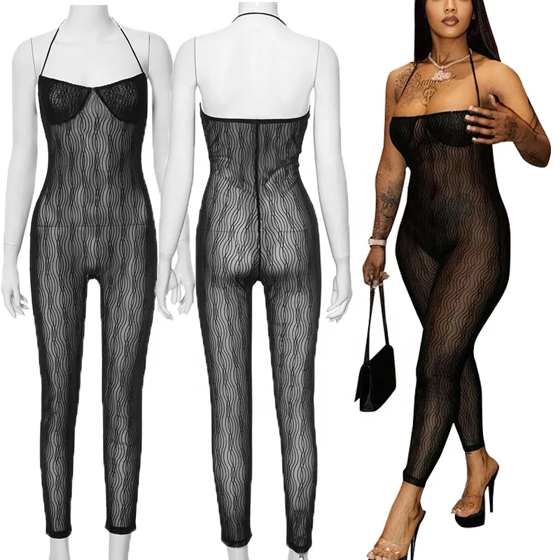 Fashion One Piece Rompers Night Wear 2024 Women Sleeveless Skinny Pencil Pants Sexy Halter Mesh See Through Jumpsuits
