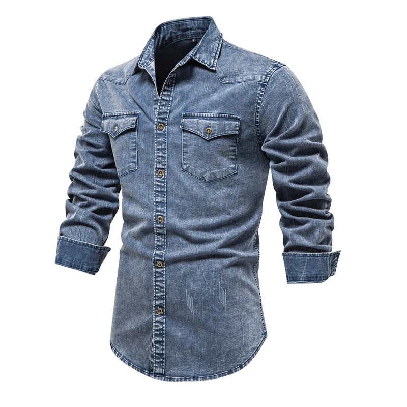 2023 vintage streetwear long sleeve denim jean shirt US size men casual cotton washed denim jeans shirt for men