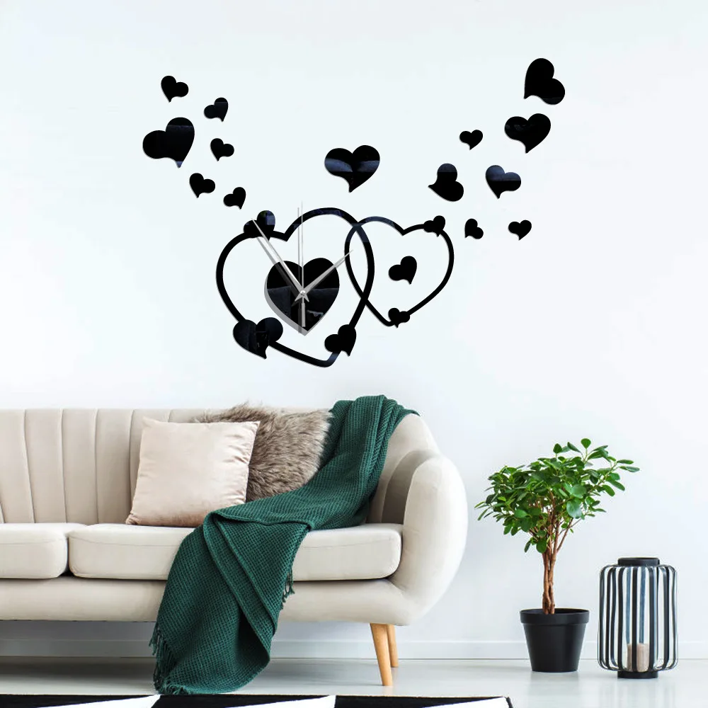 Heart-shaped acrylic mirror wall clock mute movement Self adhesive mirror wall clock