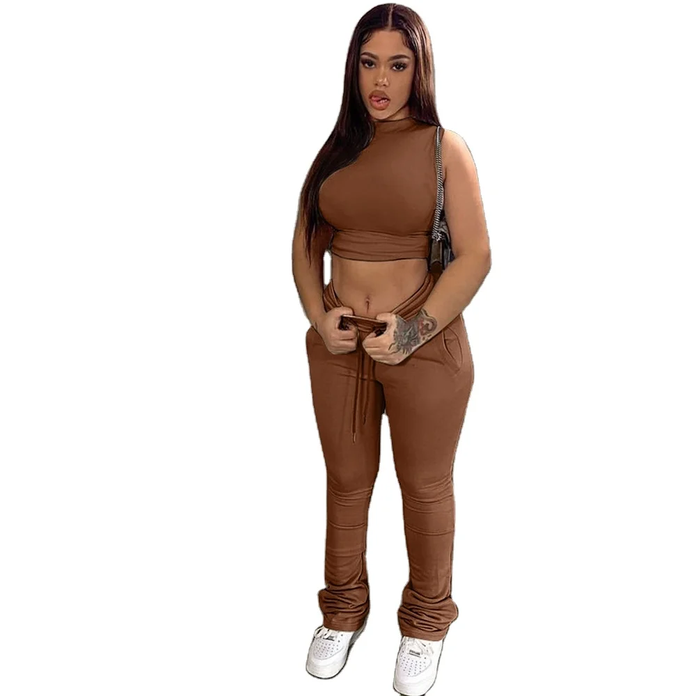 Spring Women Clothing Solid Color Turtleneck Sleeveless Crop Top With Folded Trousers 2 Piece Set Tracksuit Outfits
