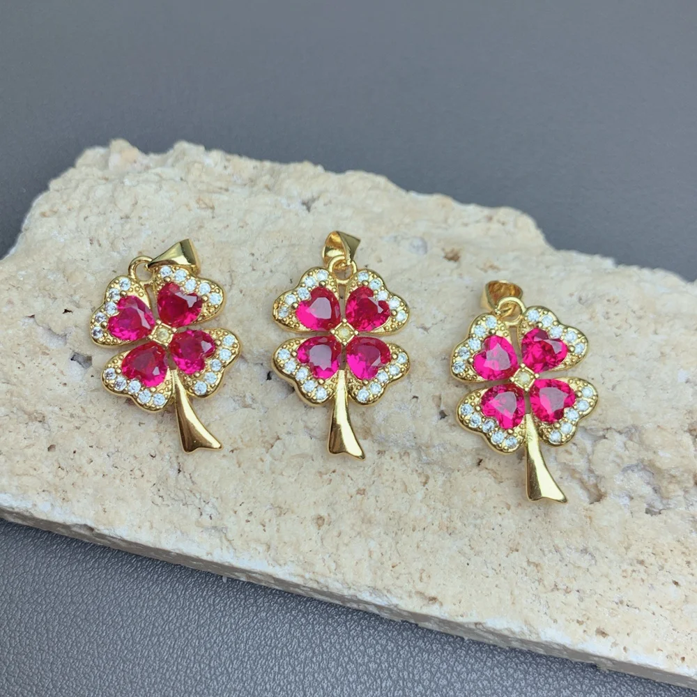 Wholesale Fashion Ruby Rhinestone Four Leaf Clover Pendants Charm Women For Jewelry Making DIY Necklace
