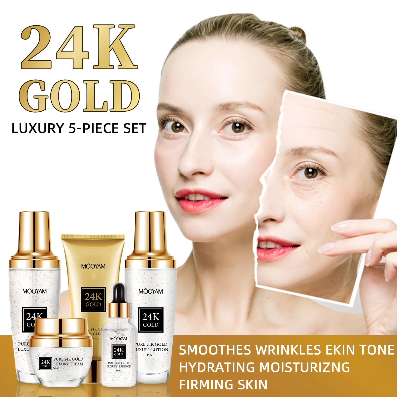 Luxury High Quality Best Glow Fair Face Skincare Routine Rejuvenating Personal Salon Tighten 24K Gold Skin Care Set