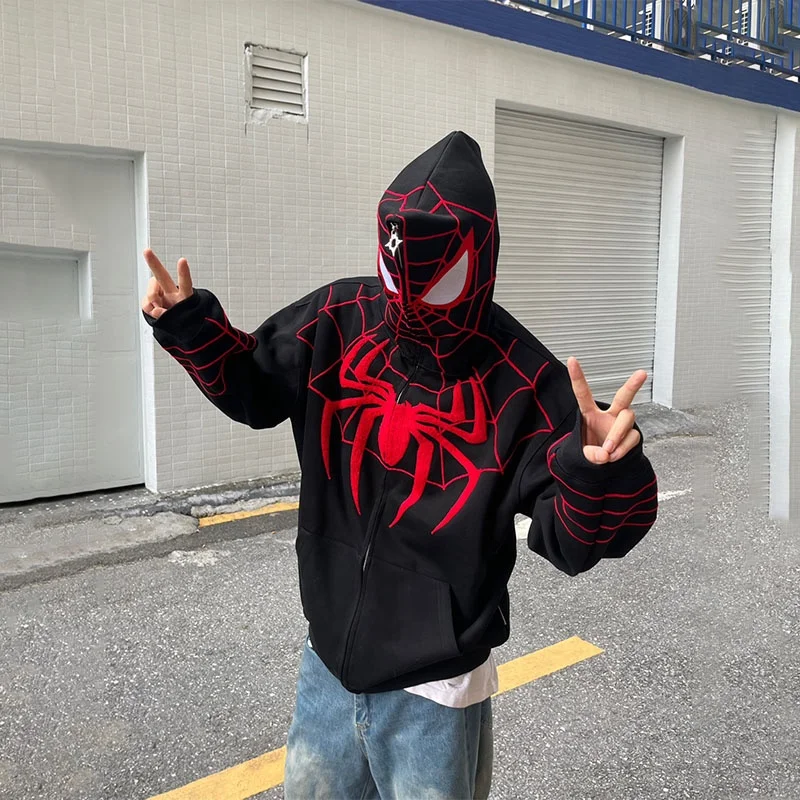 Custom spiderman hoodie full zip over the face spider hoodie oversized full face zip up hoodies jacket men