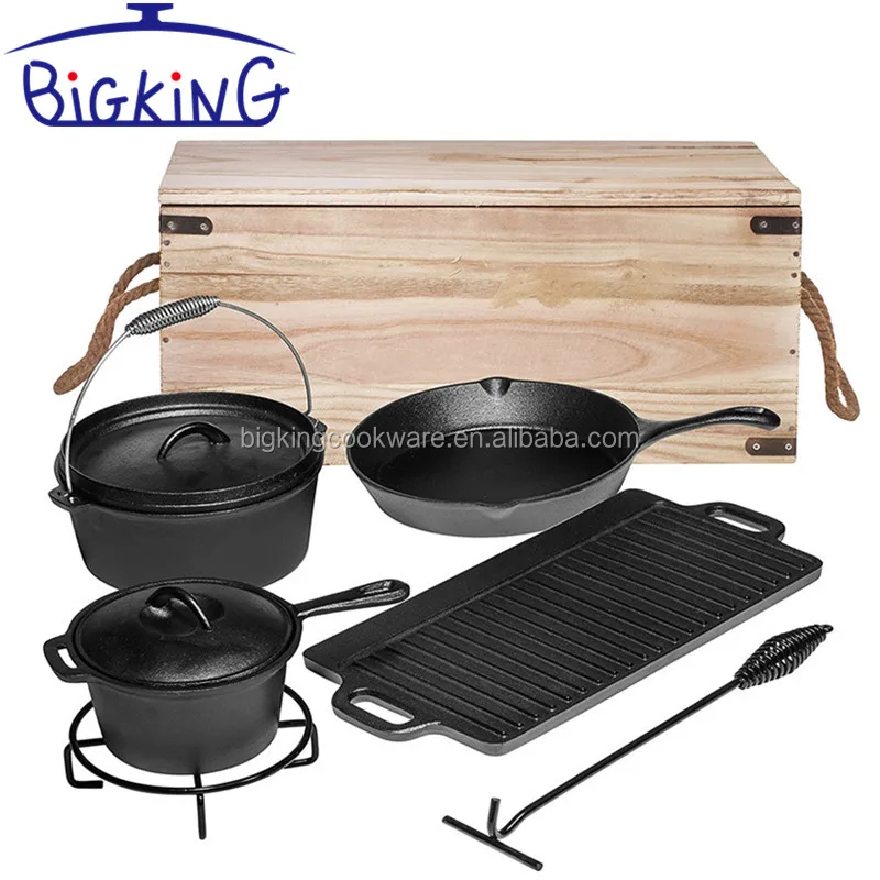 Pre-Seasoned 7 Piece Heavy Duty Cast Iron Dutch Oven Camping Cooking Set with Vintage Carrying Storage Box