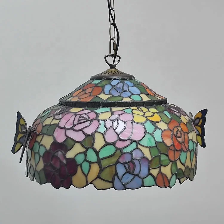 LongHuiJing Tiffany Chandelier 16 Inches Wide Stained Glass Two-Color Flower Lampshade Lighting Butterfly Pendant Lights