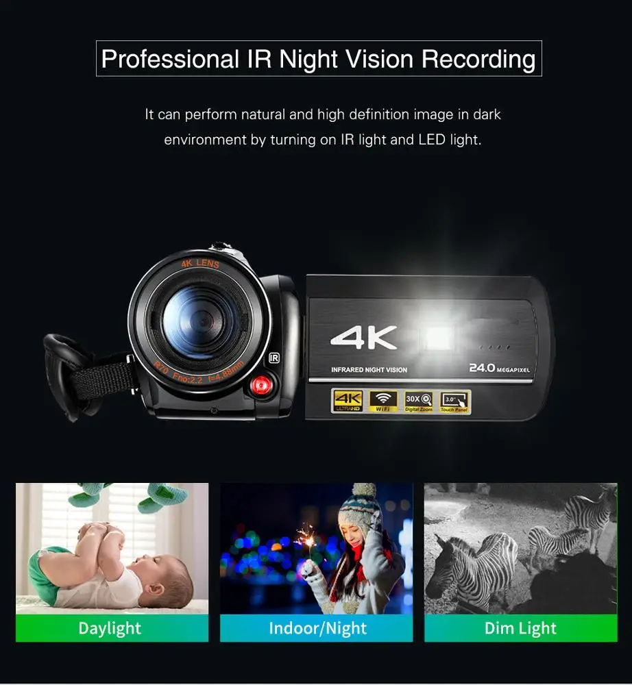 Winait 4K night vision digital video camera with 3.0' touch display mini DV