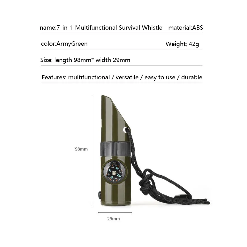 2022 Hot Sale Outdoor Camping 7 in 1 Multifunctional Lifesaving Whistle with LED Light Thermometer Compass