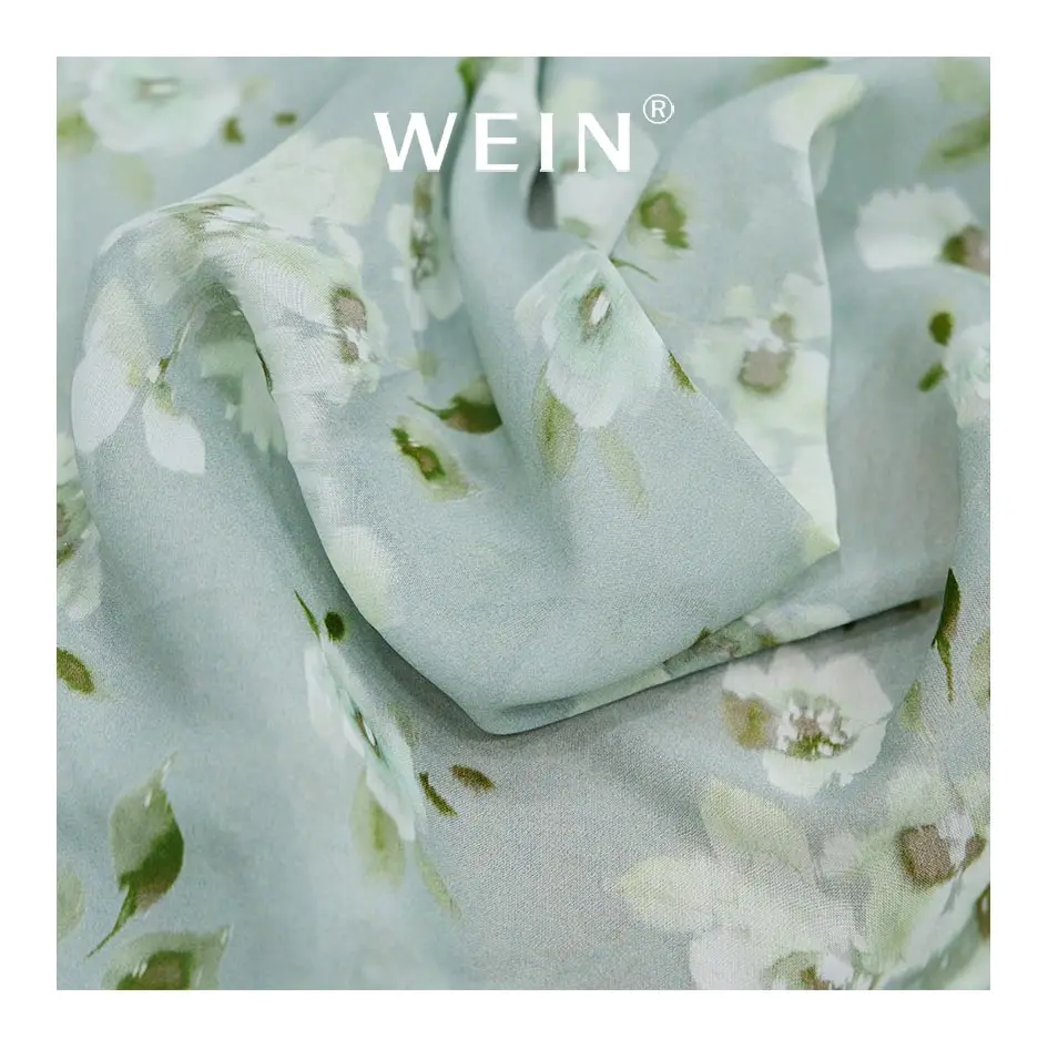 VCS02-SM373 White Petals Chiffon Reactive Printing Fabric 70% Viscose 30% Silk Chiffon Material Fabric for Dress Clothing