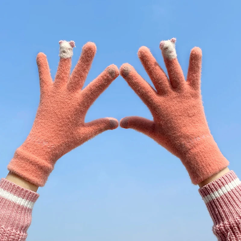 Cute panda plush cycling outdoor ladies riding touchscreen knitted warm women gloves for winter