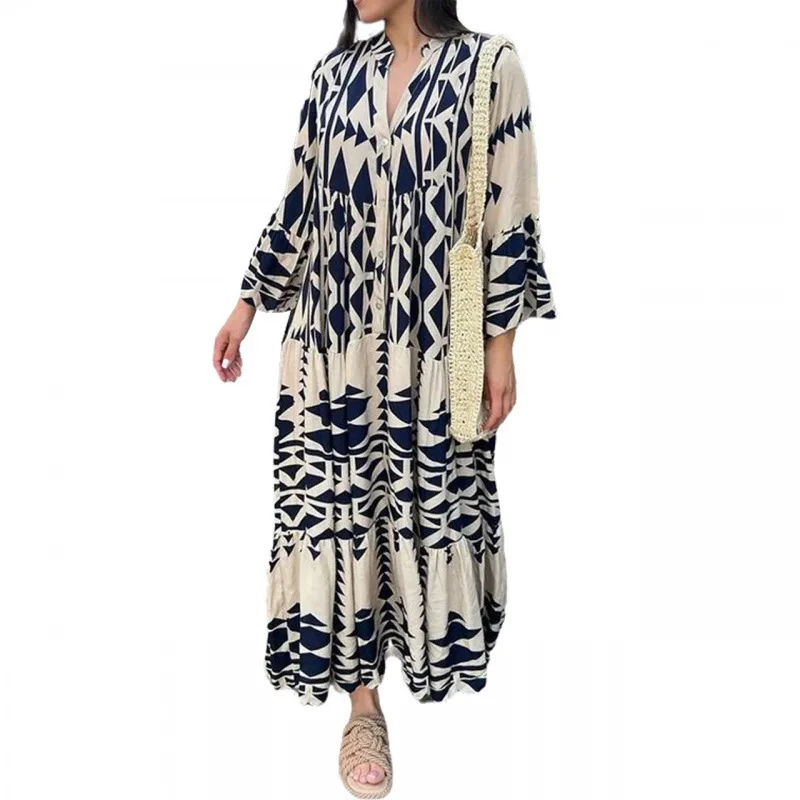 Best selling woman clothes  large size loose ladies evening dresses new pullover printed bohemian casual clothing