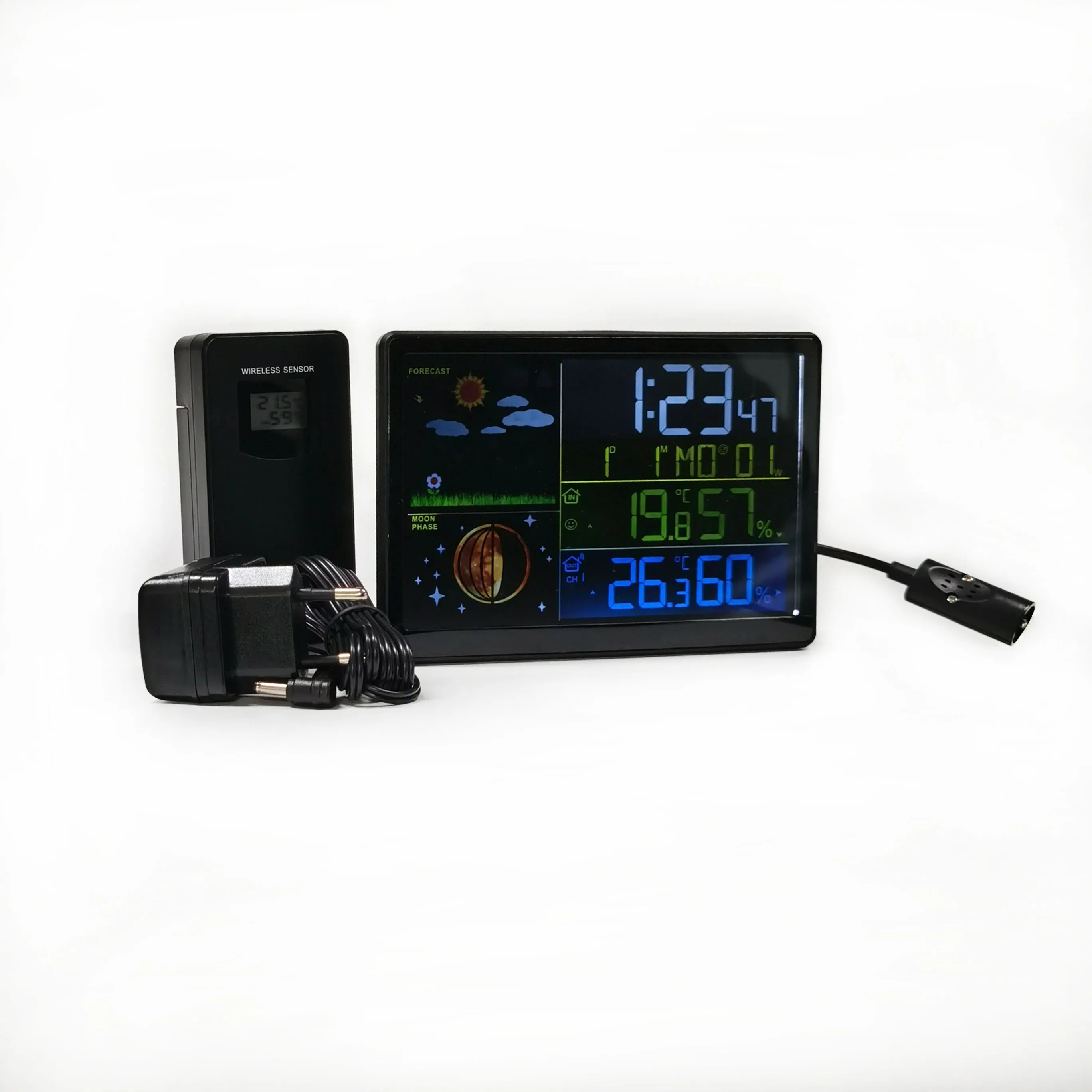 Radio controlled weather station with VA-color display Alarm Clock Wireless Sensor Battery Includes Barometer