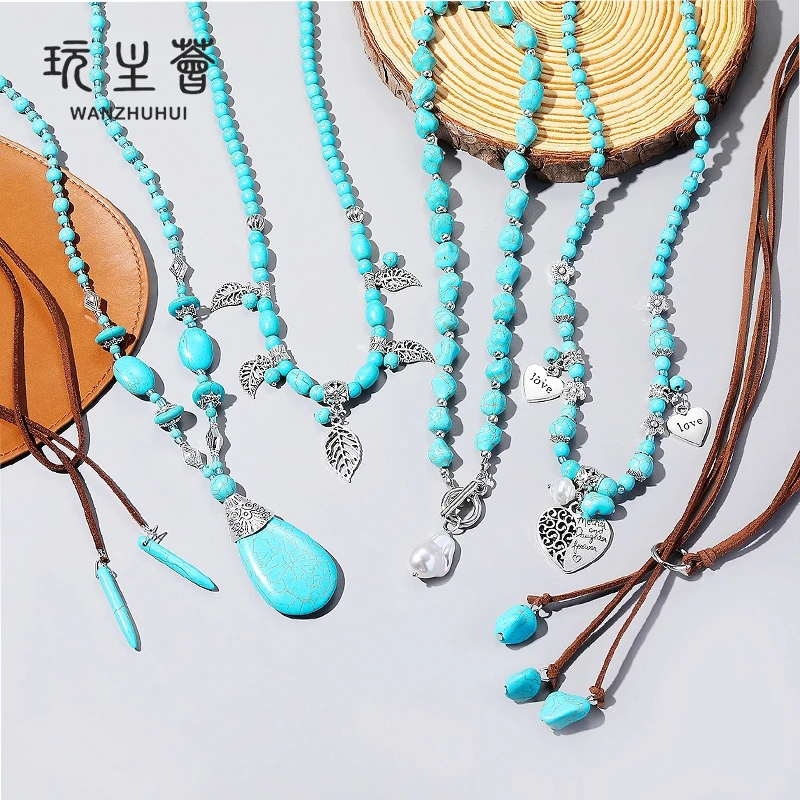 Wholesale Beautiful  Necklaces Shell Charm Bohemian Summer Beach Handmade Dainty Minimalist Tiny Choker Turquoise Color Rice Bea