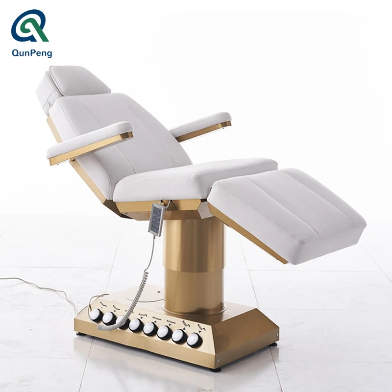 Qunpeng 2014 latest design electrical massage table gold base with light spa lash bed electric with 3 motors