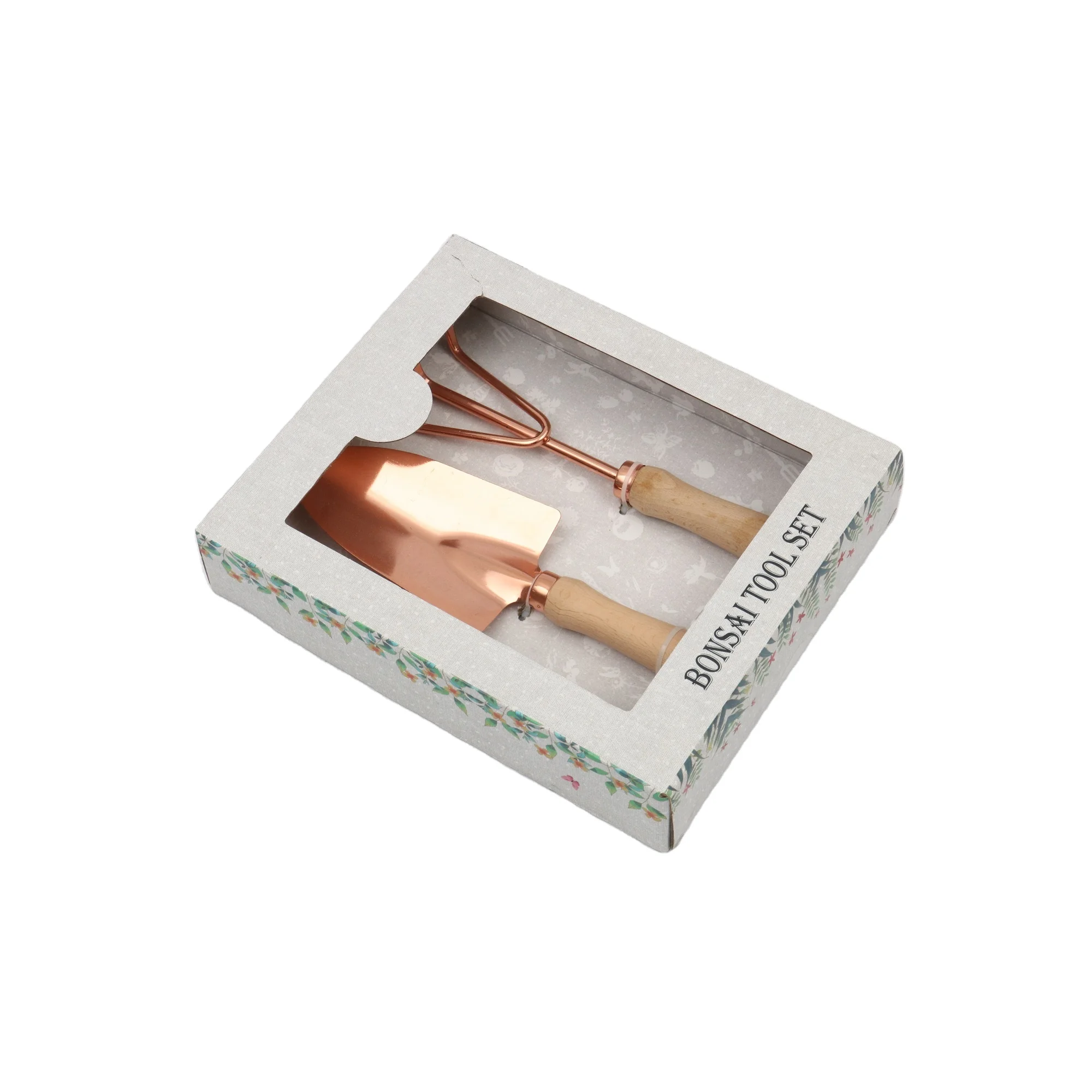 Custom Rose Gold 2pcs Garden Hand Iron Equipment Digging Tools Shovel Leaf Rake Claws Sets with Wooden Handle