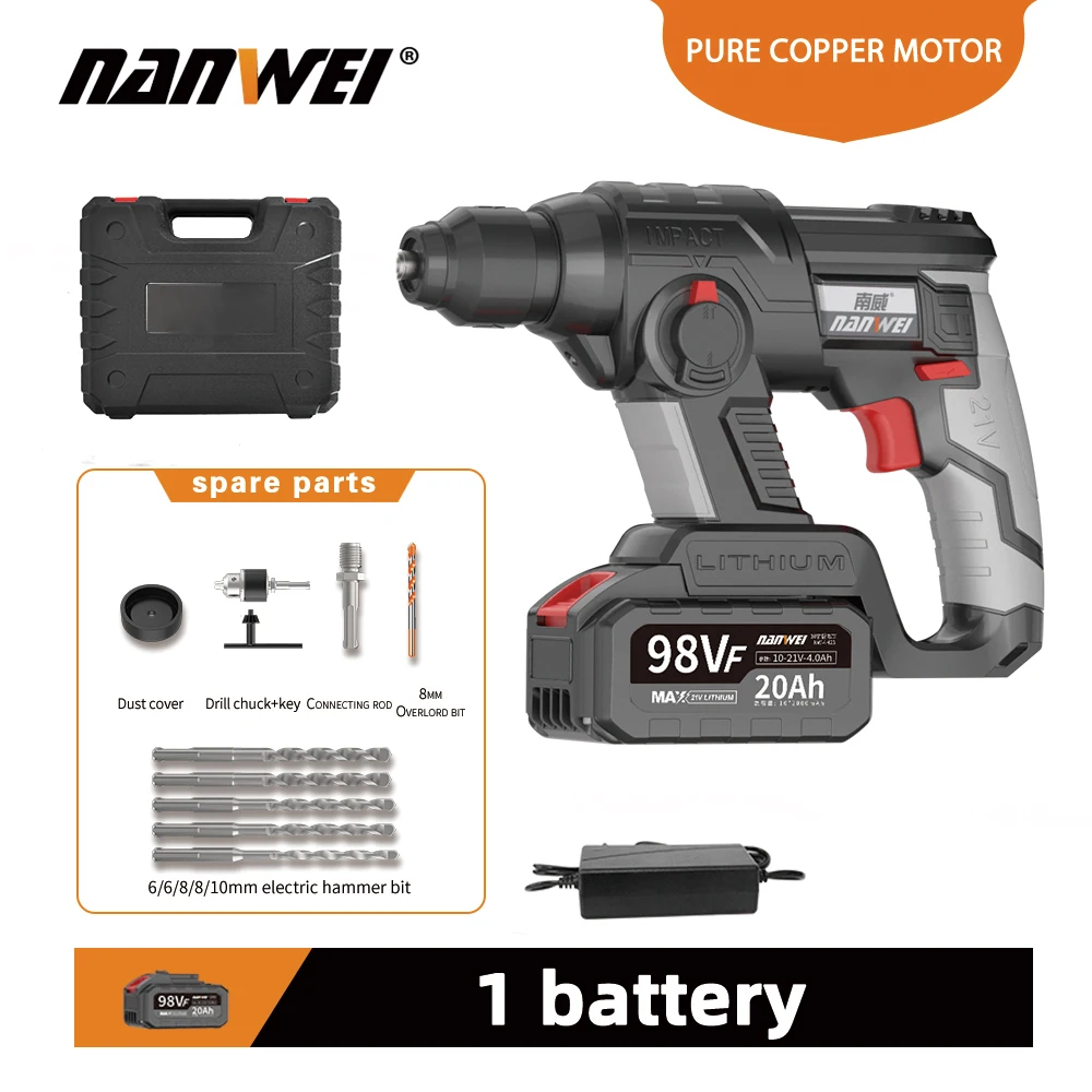 NANWEI Industrial Cordless Impact Hammer 1100r/min 21V 7.5AH ElectricPower Brushless hammerFor drill steel wood concrete lithium