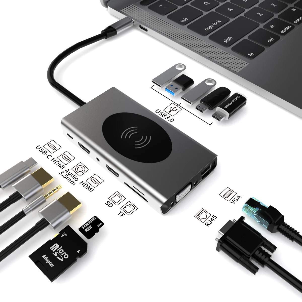 Концентратор BASIX 14 в 1 взаимный обмен данными между компьютером и периферийными устройствами концентратор Беспроводное зарядное устройство типа c для HD-MI * 2 VGA USB3.0 5 SD TF RJ45 PD AUDIO3.5