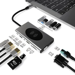 HUB BASIX 14 in 1 usb hub wireless charger type c to HD-MI*2 VGA USB3.0*5 SD TF RJ45 PD AUDIO3.5 10W