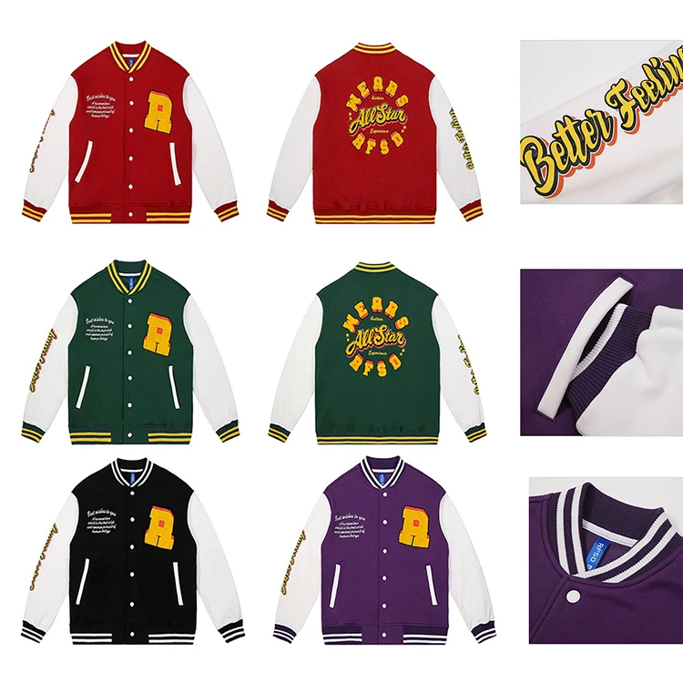 OEM wholesale 100% cotton baseball jacket men full size embroidery bomber vintage baseball jacket custom varsity jackets