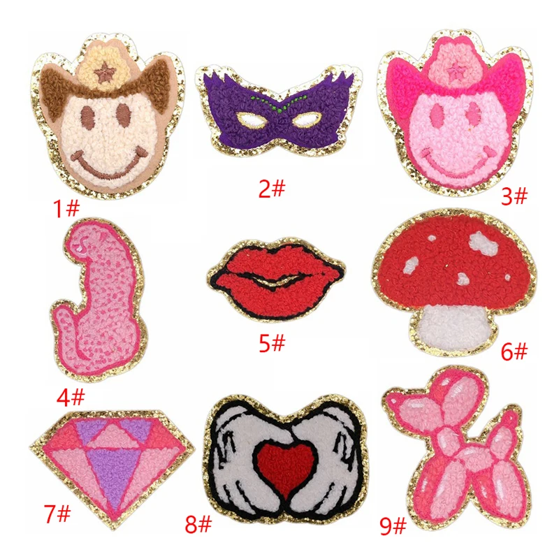 New gold glitter diamond mushroom tiger dog mouth shape iron embroidery chenille towel patches for children clothes