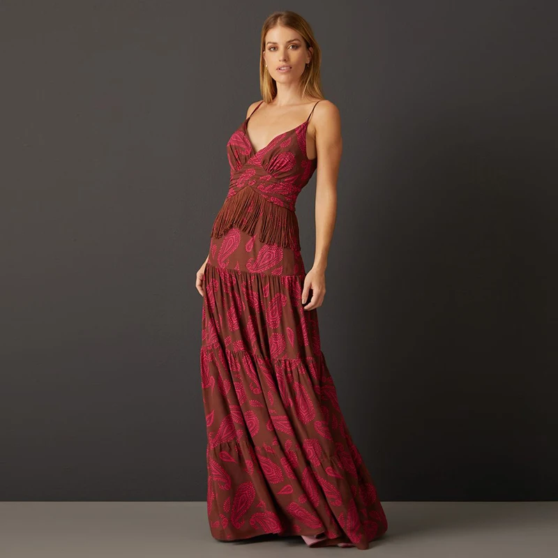 Customized Casual Ladies Spaghetti Strap Sleeveless V Neck Tassels Hem Tiered Ruflfes Maxi Long Dress For Women