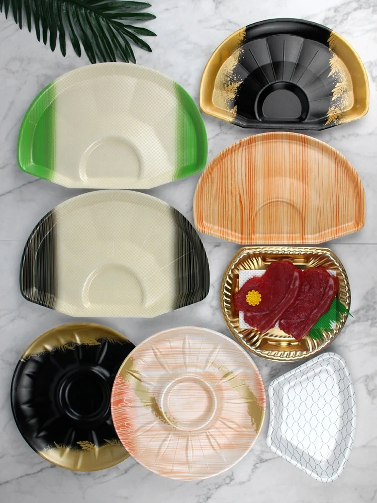 Fan-shaped round black gold wood grain gold foam deli beef lamb seafood steak prawns disposable food packing freshness tray