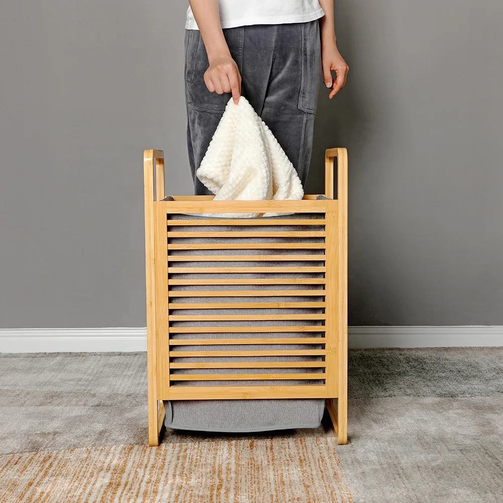Manufacturer Bathroom Bamboo Wooden Storage Laundry Basket with Lid and Handle