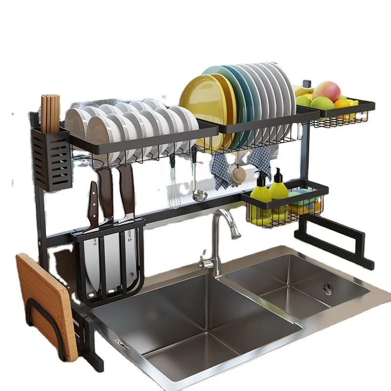 
91cm Multifunction Stainless Steel Dual Sink Dish Rack Kitchen Organizer Storage Drainer Drying Plate Shelf Sink Drying Rack 