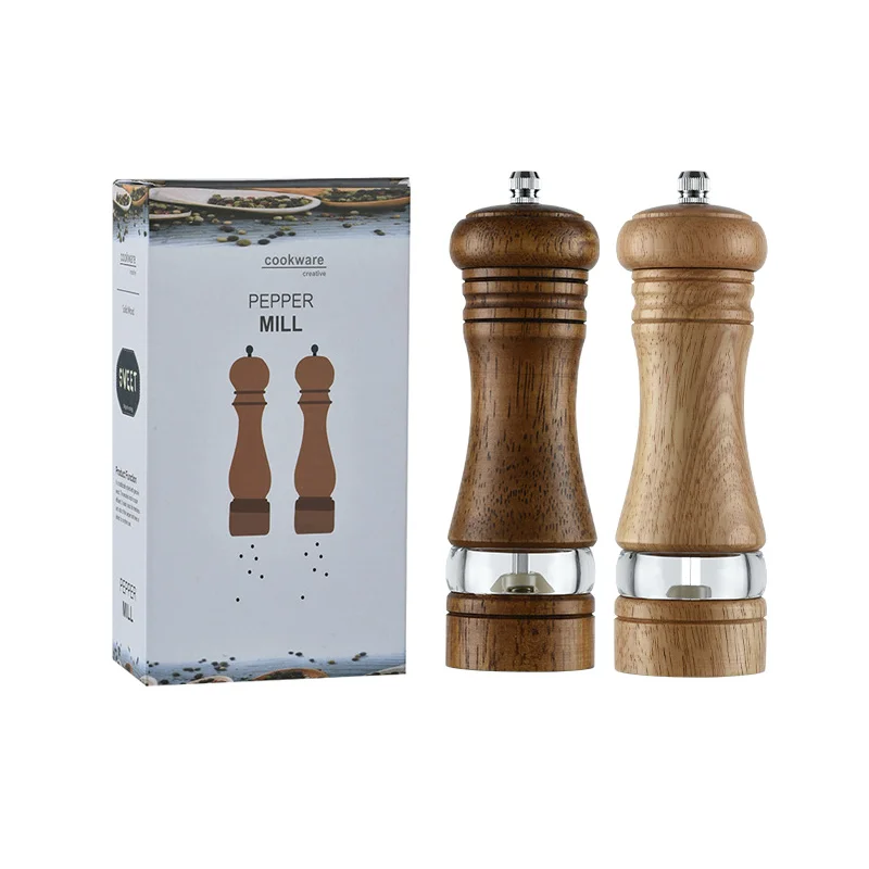 6inch Manual Kitchen Sauce Bottle Rubber Wood Seasoning Grinding Bottle Acrylic Wooden Pepper Grinder