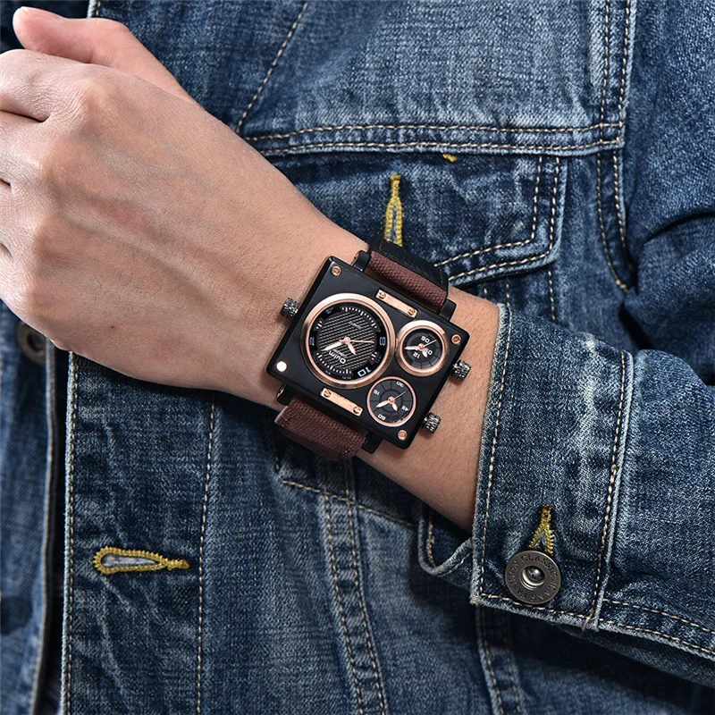 OULM 3595 fashion brown mens quartz watch excel Canvas strap 3 time zone analog display vintage sports popular wrist