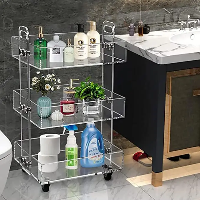 Acrylic 3-Tier Bar Cart with Wheels Sofa Side Table Acrylic Bedside Table with Wheels Clear Storage Rolling cart Table Storage