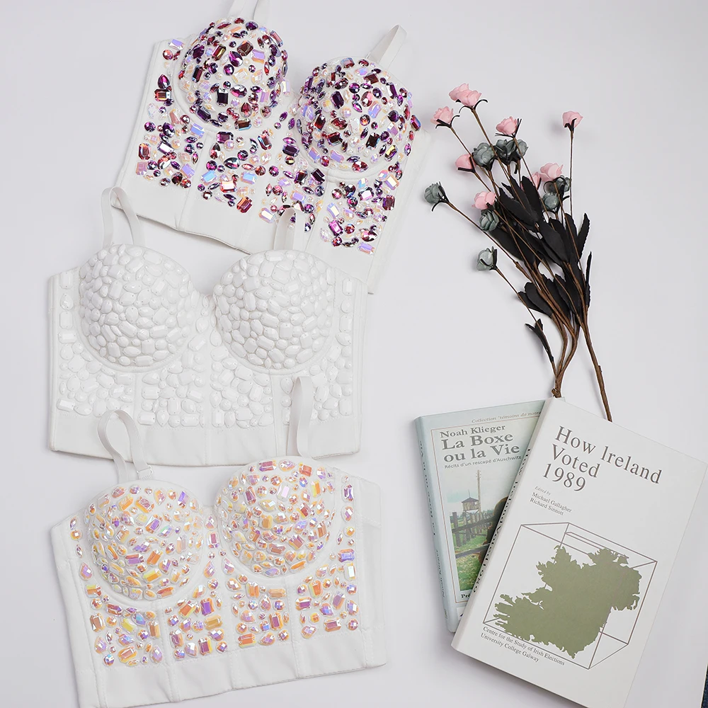 Factory Wholesale High Quality Customized Acrylic Diamond Hand Nailed Bead Corset Crop Top