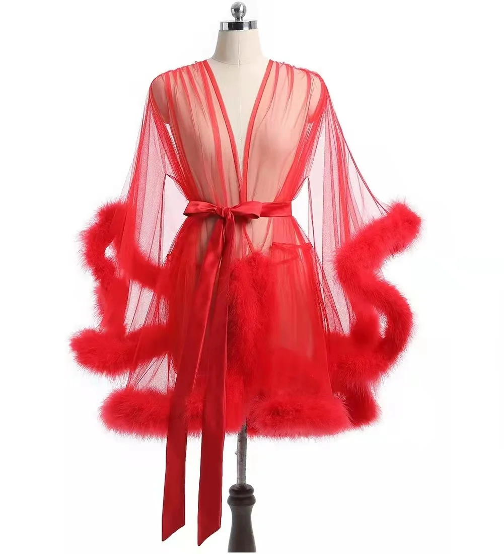 Sexy and elegant long sleeved feather robe perspective nightclub wear sexy lingerie