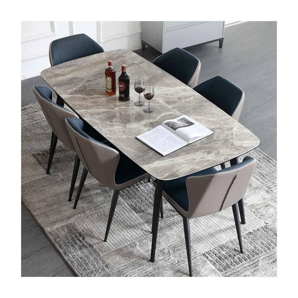 Hot sale Modern unique rectangular shape wood black dining table with 6 dining chairs rectangular dining set