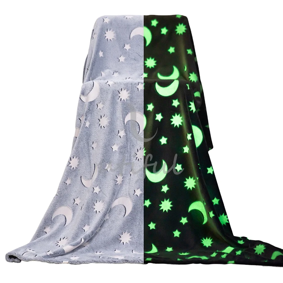 Cozy glow in the dark moon and star pattern flannel blanket in pink and gray for girls and boys