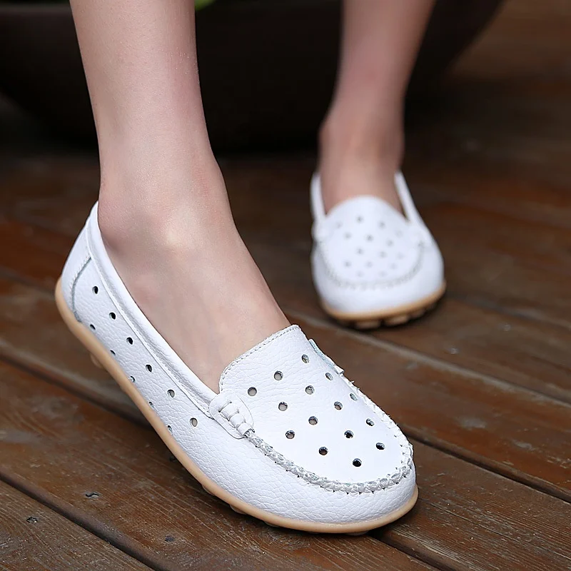 Brand Genuine Leather Shoes Woman Cutout Loafers Slip On Breathable Ballet Flat Ballerina Flats