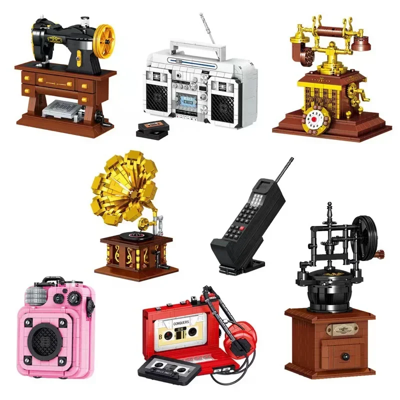 Zhegao Vintage Home Appliances DIY Building Blocks Phonograph Walkman Mobile Phone Sewing Machine Radio Handmade Toys Decoration