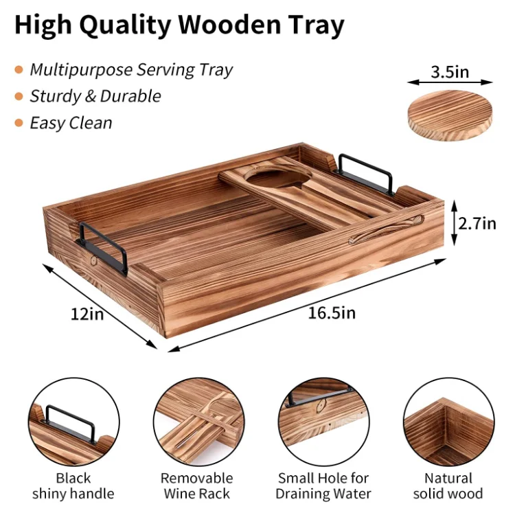 Factory Wholesale Natural Fir Wood Handcrafted New Design Removable Wine Glass Holder Wooden Food Tray