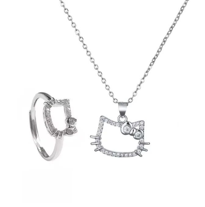 Women Copper Chain Necklace cute Cat Hollowed Crystal Kawaii  Adjustable  Ring Luxury Jewelry Set for Perfect Birthday Gift
