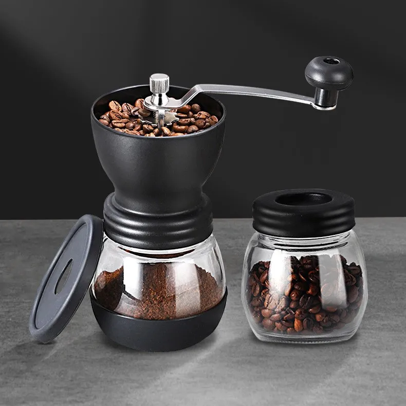 Outdoor Household  Portable Adjustable Setting Hand Manual Conical Burr Mill Coffee Bean Grinder with Glass Jar