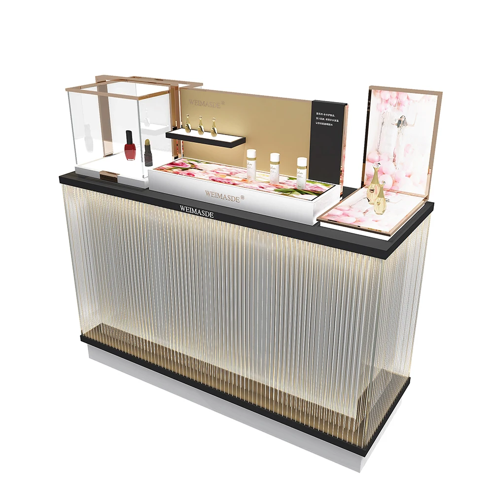 Makeup counter with glass display with light, skin care products and lipstick display