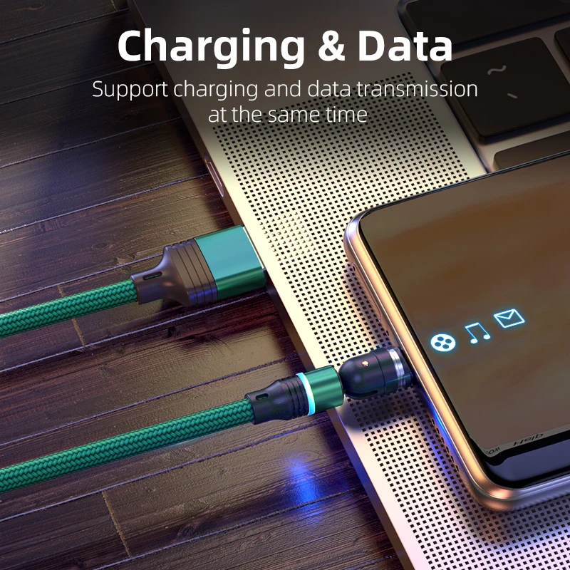 Вращающийся на 540 градусов зарядный кабель 3 в 1 светодиодный 3A Type C Micro USB для передачи
