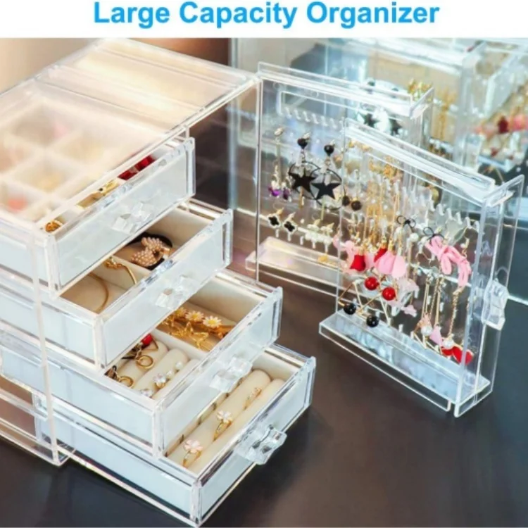 Clear Earring Holder Jewelry Hanging Boxes with 4 Velvet Drawers for Earrings Ring Necklace Bracelet Display Case Gift for Women