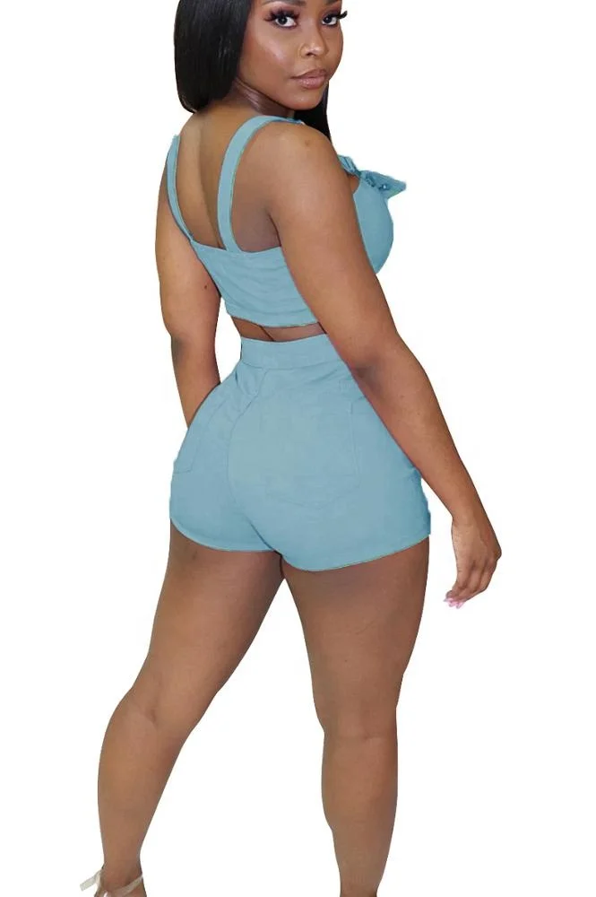 Factory Direct Sales Women Fashion Clothing Denim Camisole Tops Skinny Denim Shorts Two-piece Suit
