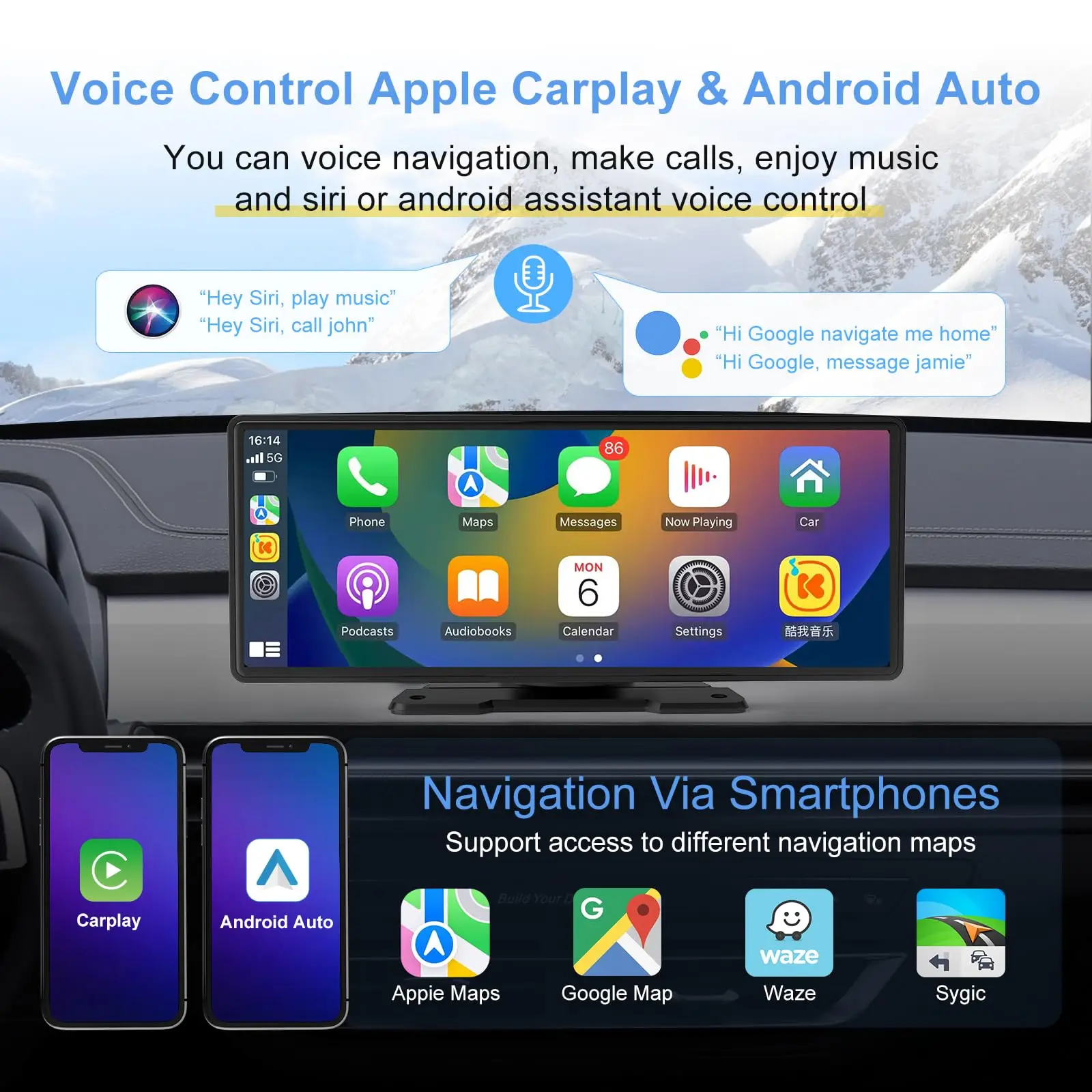 Newest Portable for Carplay Android Auto 10.26 Inch Wireless Air Play Mirror Link/TF Card/USB/AUX Stereo Car Radio