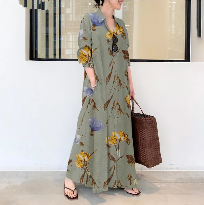 Causal Cotton hemp Floral Lapel Long Sleeve Pocket Loose Long Cardigan Dress Abaya Clothing Muslim Dress Shirts Blouse Dress