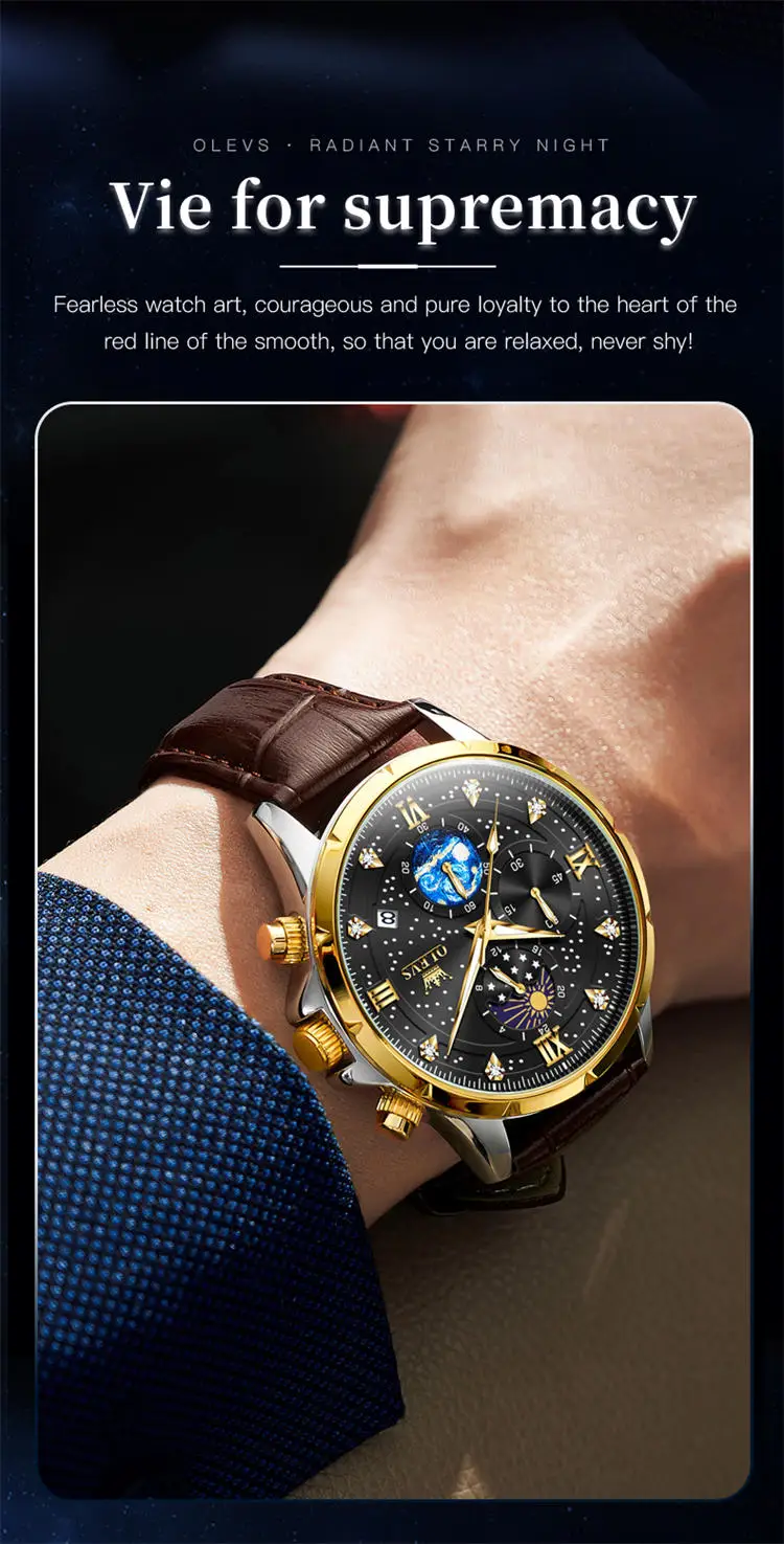 OLEVS 9807 special custom brand  gents quartz watch original Stainless steel band Luminous Chrono stars sun Casual hand watch