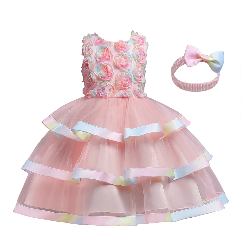 Exquisite Fluffy Pink Children Party Dress with Headwear Flower Dress for Girl 2-10 Year Tutu Dresses for Girls Wedding