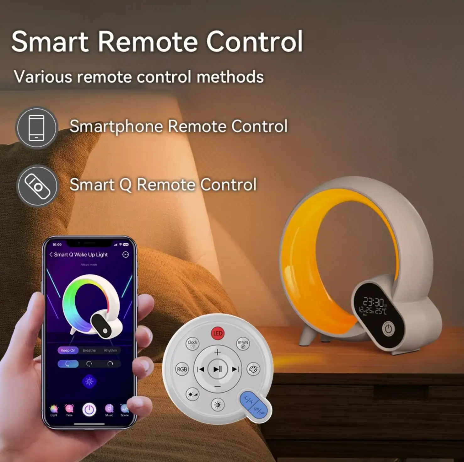 Q Shape Smart Sound Machine With Speakers Sunrise Wake Up Light 0 Brightness To 100 Smart Q Shape Wake Up Light Home Decor