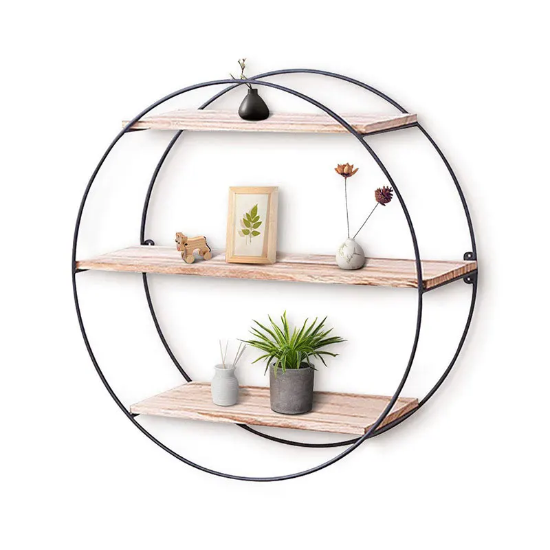 Round Wall  mounted shelf decorative wood metal hanging wall storage Display Shelves