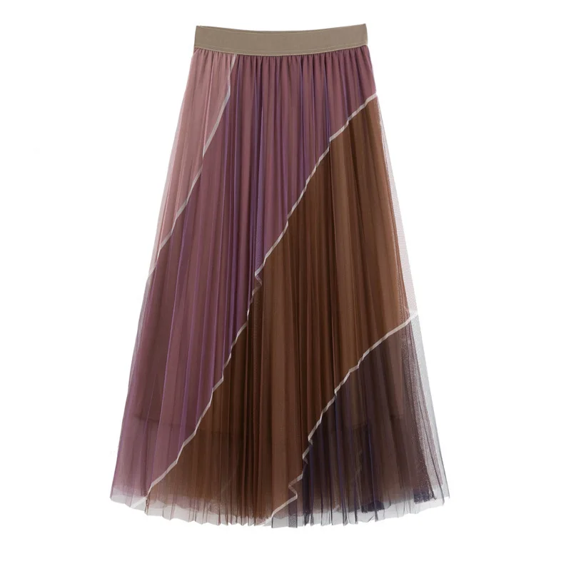 Women High Elastic Waist Pleated Printed Chiffon Skirt Midi Swing A Line Skirt